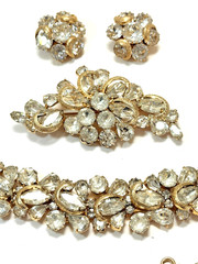 KRAMER NY Gold Tone Half Circle Clear Rhinestone Bracelet, Brooch & Earring Set