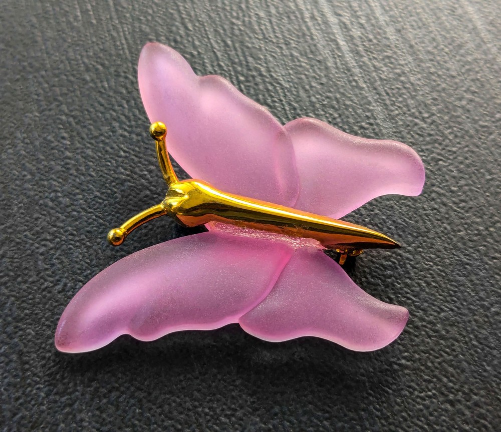 Vintage Large Butterfly Brooch Pink Acrylic Gold Tone Pin Gift 1.5″ x .58″