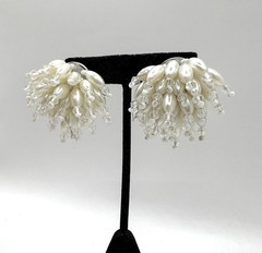 White Cluster Cascading Crystal & Faux Pearl VTG Pierced Stud Earrings