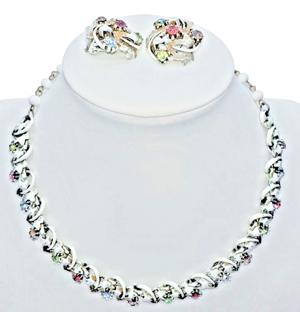 RARE Arthur Pepper ART SIGNED Rhinestone 14.5″ Necklace Enamel W/ Clip Earrings