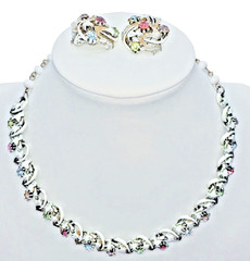 RARE Arthur Pepper ART SIGNED Rhinestone 14.5″ Necklace Enamel W/ Clip Earrings