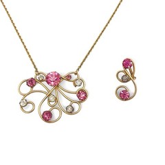 Vintage L.B CO Gold Wire Pendant Necklace Pink Crystal 1/20 12K GF Filigree