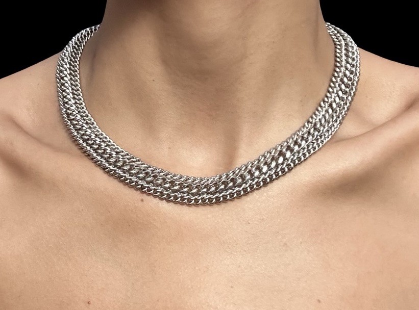 Infinity Link Curb Basketweave Chain Collar Necklace Silver Tone Metal