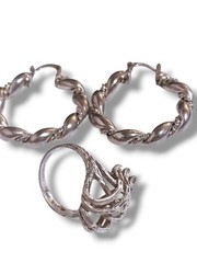 Sterling Silver Hoop Earrings+Abstract organic texturized Ring Set Vintage Style