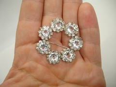 1.5″ elegant bridal rhinestone STERLING BROOCH PIN 7 big crystal clear jewels