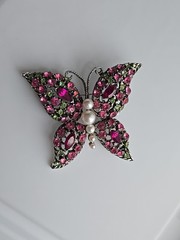 1970s Butterfly Pin Rhinestones of Pink and Green with Pearls