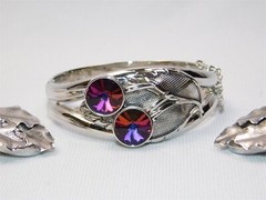 Vtg Whiting & Davis Silver Rivoli Fire AB Stone Hinged Bangle & Clip On Earrings