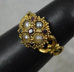 Victorian 18ct 18k Gold Almandine Garnet Pearl Cluster Ring Sz 5.5 Hallmark 1867