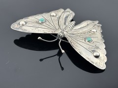 BIG Vtg Sterling Silver Butterfly Brooch Mexico Turquoise Stones 3.25″ Insect