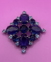 Vintage Silver Tone Prong Set Blue Rhinestone Pin Brooch 2 1/4”