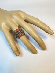 Unique Vintage Ring, Orange/Red Stones, Silver Tone, Aged Patina Size 6 Adjust.
