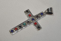 Vintage Artisan Coral Lapis Onyx Sterling Silver .925 Cross Pendant – 9.6 grams