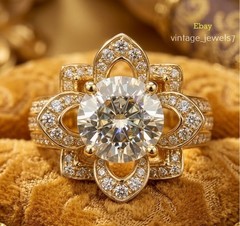 3CT Round Lab Created Diamond Vintage 3D Floral Wedding Ring 14K Yellow Gold FN