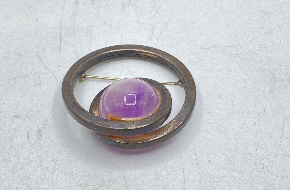 Vintage Sterling Silver 925 Amethyst Cabochon Modernist Orbital Brooch 45mm