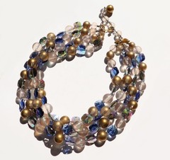 Vintage 4 Strand MARVELLA Necklace Mid Century AB Blue Gold Clear Beaded