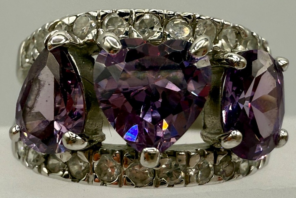 ESTATE STERLING SILVER PASTE AMETHYST THREE STONE RING PEAR HEART OVAL CZ SIZE 8