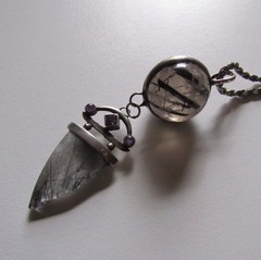 Vintage Quartz Orb Large Pendant Rutilated Black Tourmaline Necklace