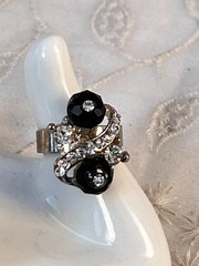 Vintage Silver Tone Adjustable Ring Clear Crystals Black Faceted Round Beads 7″
