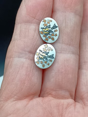 Vintage Damascene Stud Earrings Reed & Barton Silver Bird Maple Leaf .5″