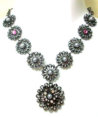 Gray Faux Pearl Clear Pink Rhinestone Pendant Necklace 19″ Black Filigree Metal