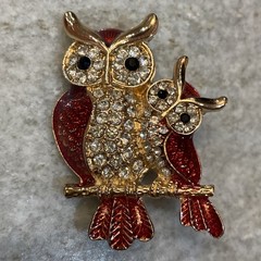BROOCH GOLD TONE PIN RHINESTONE ENAMEL RED OWL BIRD
