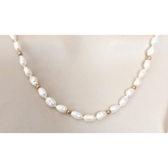 14K Yellow Gold White Fresh Water Pearl Beaded & Knotted Necklace 18″