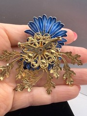 Vintage Corocraft enamel flower Brooch Pin with leaves blue green signed 50s-60s