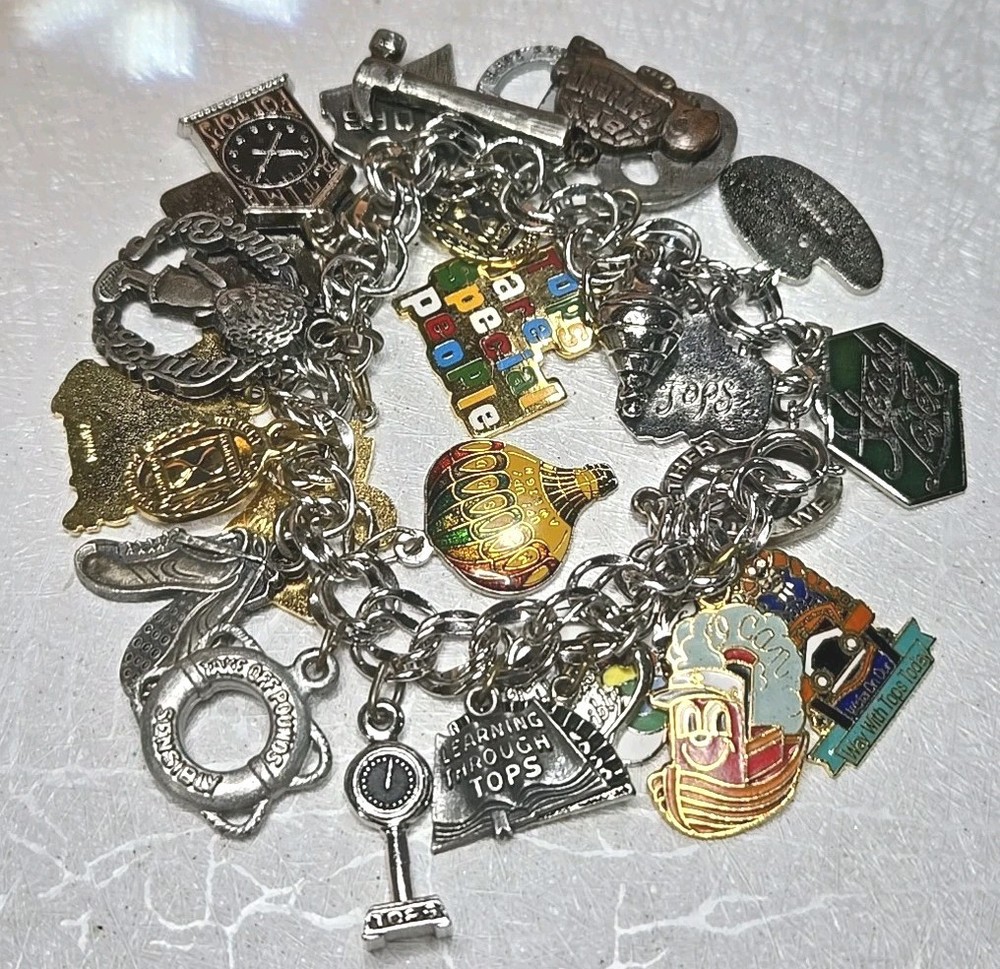 LOADED Rare Vintage Silver Metal & Enamel TOPS Charms with Bracelet 8″