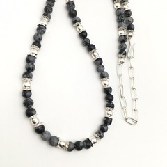 Silver Schark Handmade Sterling Silver & Snowflake Obsidian Necklace 15-18” #94