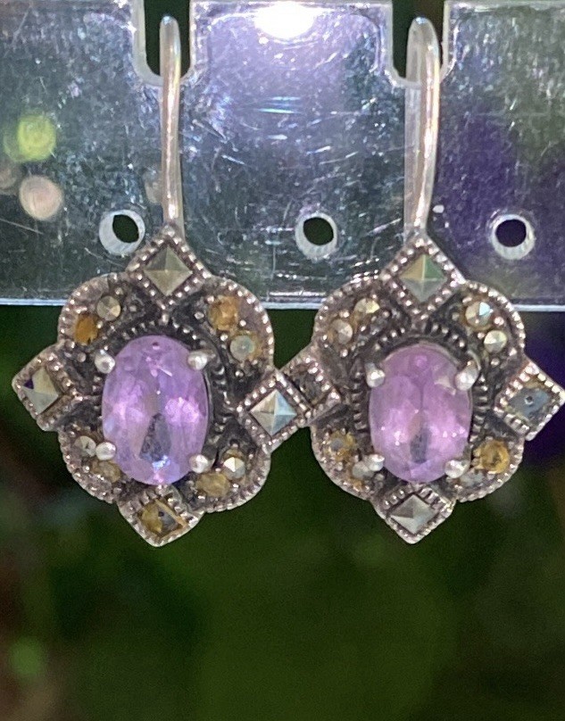 Vintage Amethyst Marcasite Earrings 1″
