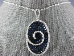 ESTATE LARGE 3.51CT DIAMOND & AAA SAPPHIRE 18K WHITE GOLD OVAL SWIRL FUN PENDANT