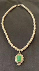 Vintage Designer Lanvin Emerald Rhinestone? Pendant 14k Gold Pearl Necklace
