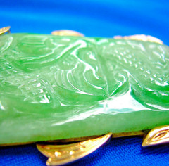 Original EARTH MINED Antique Green JADE DRAGON Pendant 14K GOLD Deco Luck Gift