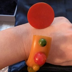 VTG OOAK ONE OF A KIND BAKELITE YELLOW RED DISC BALL GREEN BRACELET AS IS