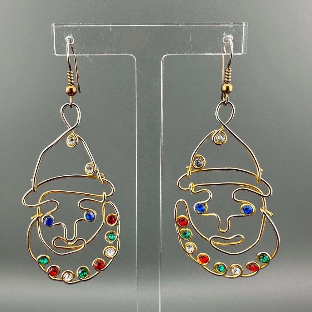 Vintage Clown Earrings Gold Tone Multicolor Rhinestone Artisan Open Wire Work