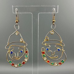 Vintage Clown Earrings Gold Tone Multicolor Rhinestone Artisan Open Wire Work