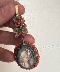 Antique Yellow Gold + Silver Coral Seed Pearls Hand Painted Portrait Pendant