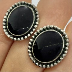 Vtg Southwestern Black Enamel Silvertone Beaded Oval Petite Stud Earrings Post