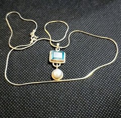 Vintage Silver 925 Genuine Sky Blue Topaz Drop Pearl Pendant Italy 16″ Chain