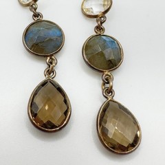 Dangle Gemstone Earrings Gold Over 925 Labradorite Smoky & Clear Quartz 2in Drop