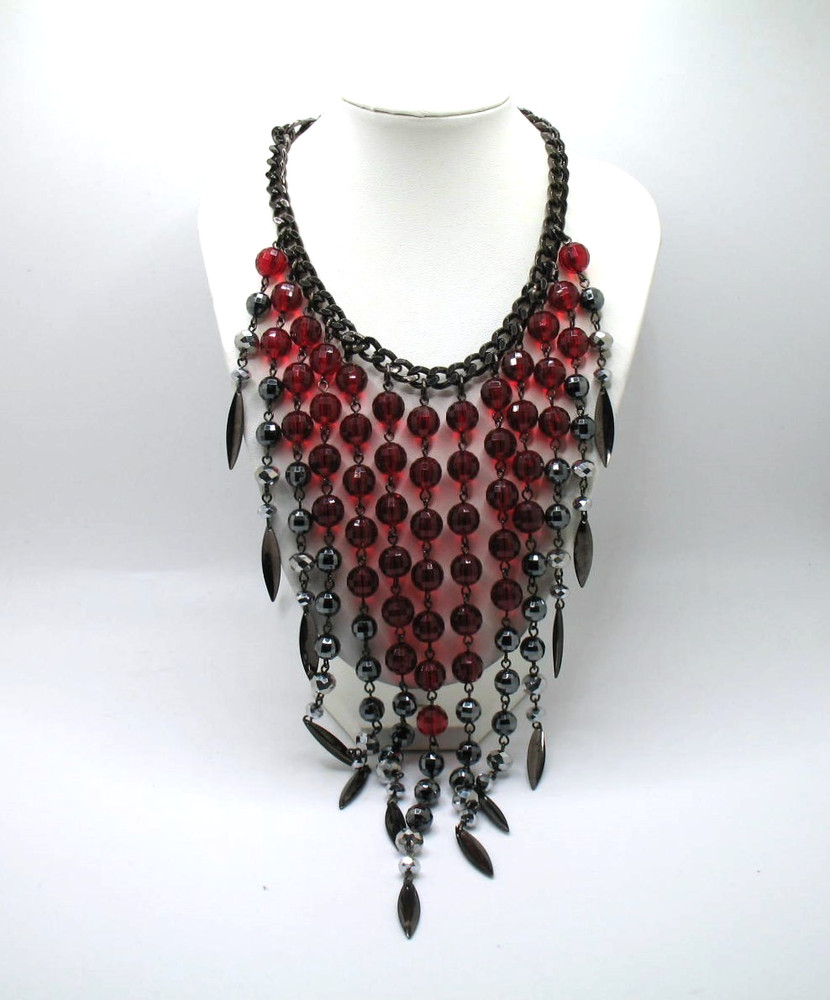 Vintage RJ Graziano red bead and gunmetal statement runway fringe necklace