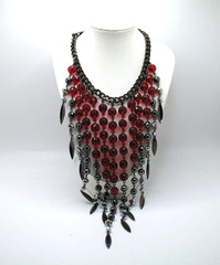 Vintage RJ Graziano red bead and gunmetal statement runway fringe necklace