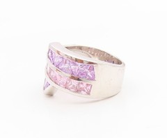 925 Sterling Silver Vintage Ring Amethyst & Pink Topaz Band Sz 7.5 RG36250