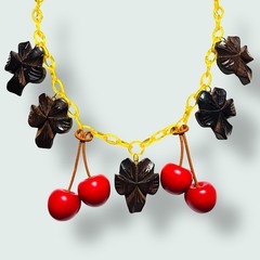 Vintage Carved Wood Leaf & Cherry Necklace with Apple Juice Celluloid Chain