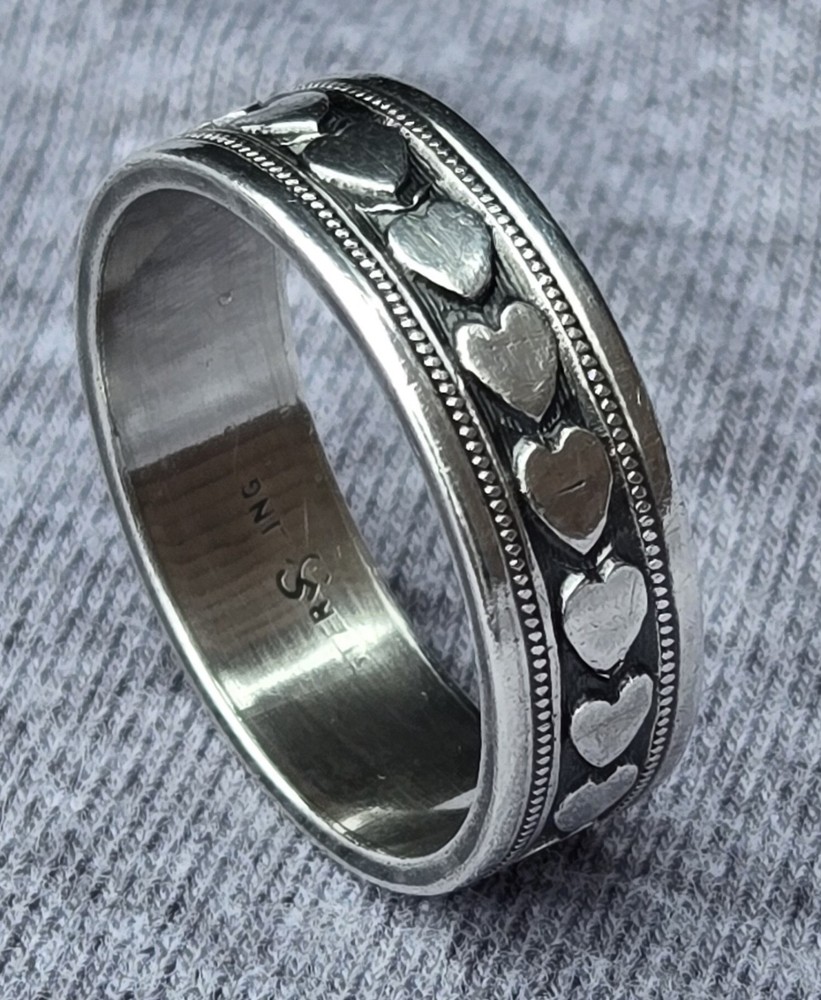 Vintage Sterling Silver J D SCHLANG CO Art Deco Heart Band Ring Sz 7.25