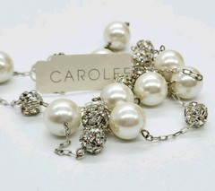 Carolee Vintage Necklace Crystal Accent Faux Pearl Extra long Silver tone 36 in