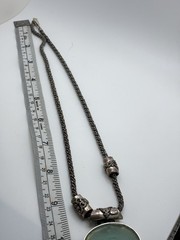 Sterling 935 Roman Glass Sea Green Oval Pendant Rope Chain Silver Necklace VTG