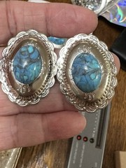 Vintage Turquoise Set Brooch & Earrings In Silver Plated Metal