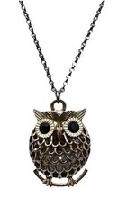 Goldtone Owl Pendant Necklace on 32” Rolo Chain Push Lock Clasp
