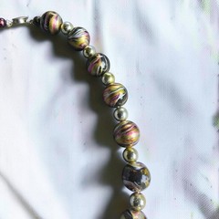 Vintage Marbled Lucite Bead Necklace Black Gold Pink Silver 24″ Mid Century